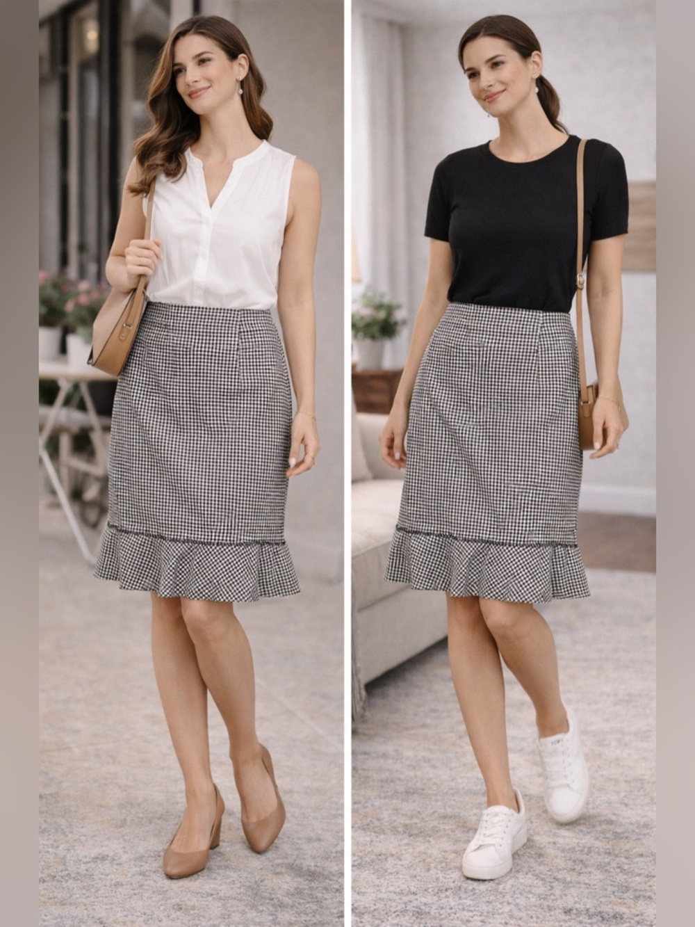 Talbots Gingham Skirt Black White Ruffle Hem Stretch Size 16 Classic Chic